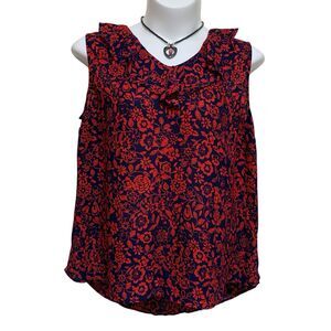 Terra & Sky Blouse Womens Size 1X Red Blue Ruffled Collar Lightweight Sleeveless